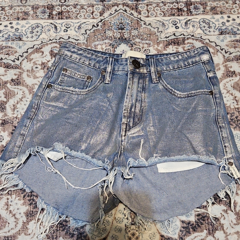 One Teaspoon Distressed Metallic Foil Jean Shorts - Size 24 - Festival Ready!